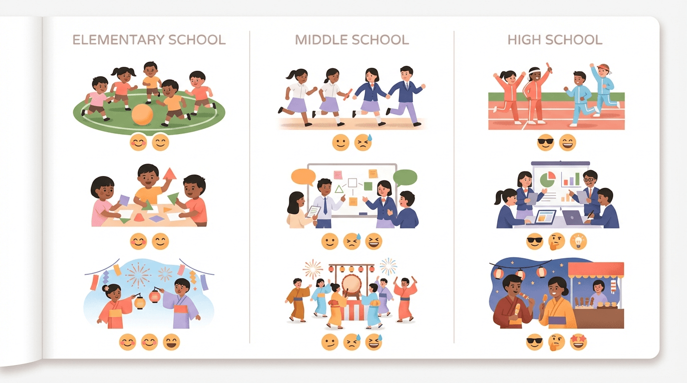 小学校・中学校・高校の3つに分けて、覚えている出来事を書く