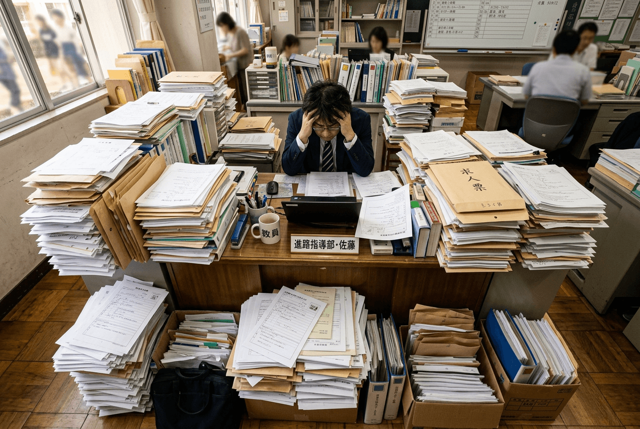 書類に埋もれる進路指導の先生