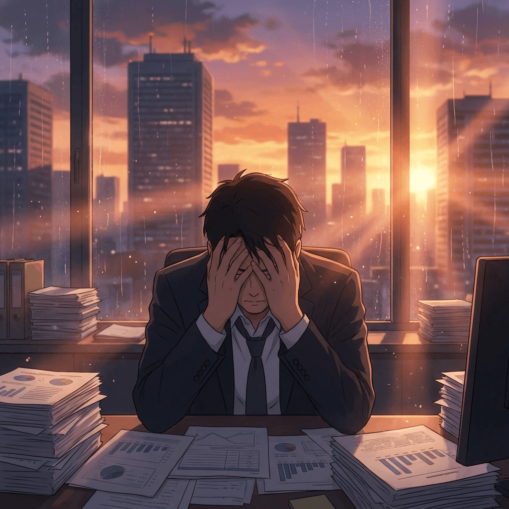 採用コスト高騰のイメージ - 書類の山を前に頭を抱えるHR担当者