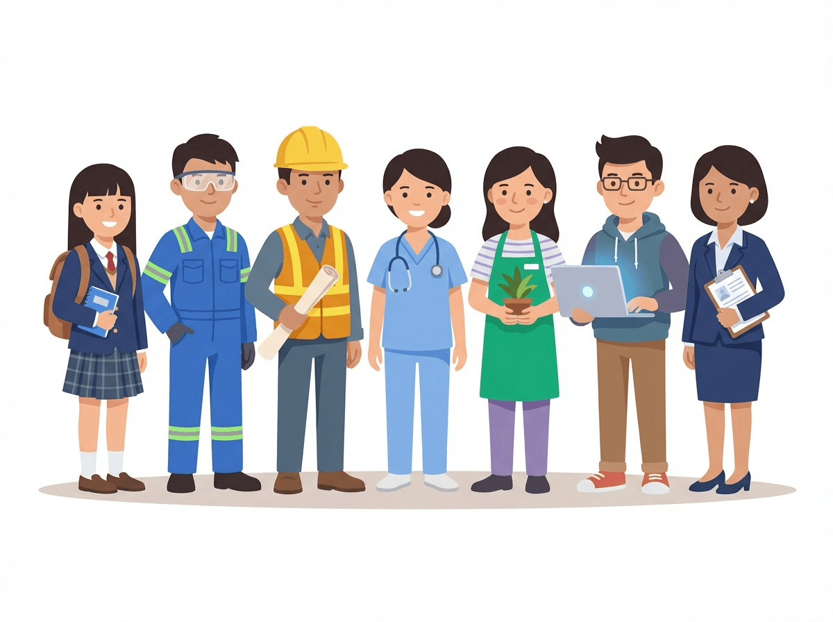 多様な職業の人物イラスト — 高校生・工場作業員・建設作業員・看護師・店員・IT技術者・人事担当者