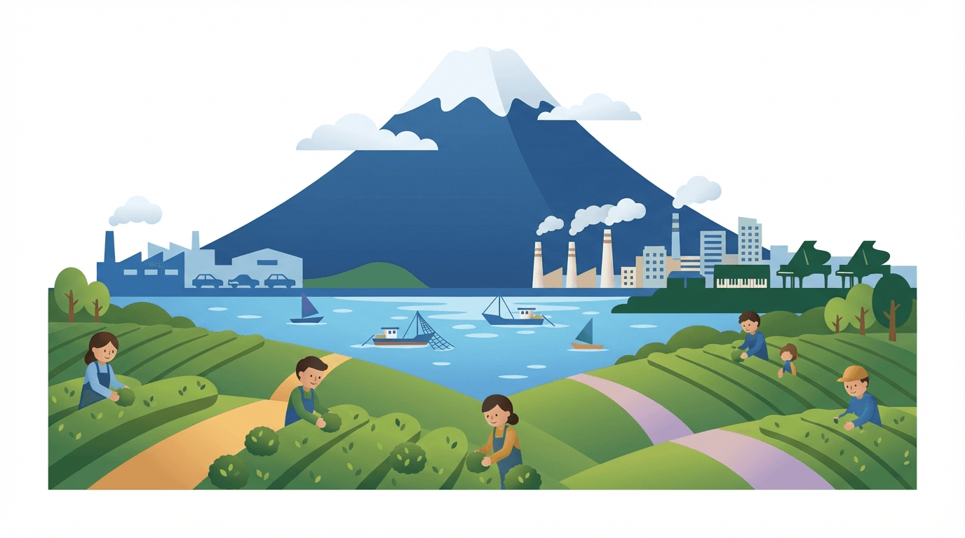 静岡県の街並みと富士山