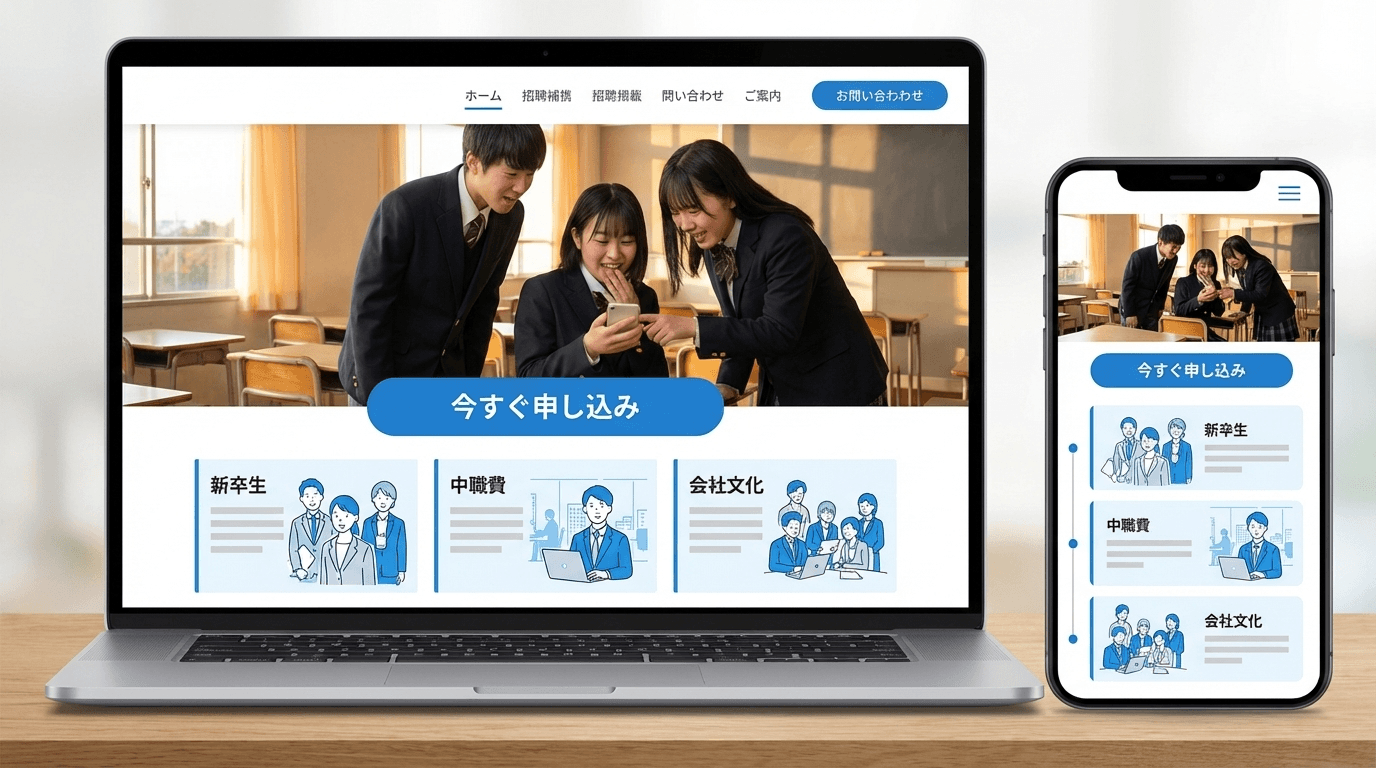ブルー基調のモダンな採用専用HP。写真豊富でCTAボタンが明確、スマホ対応