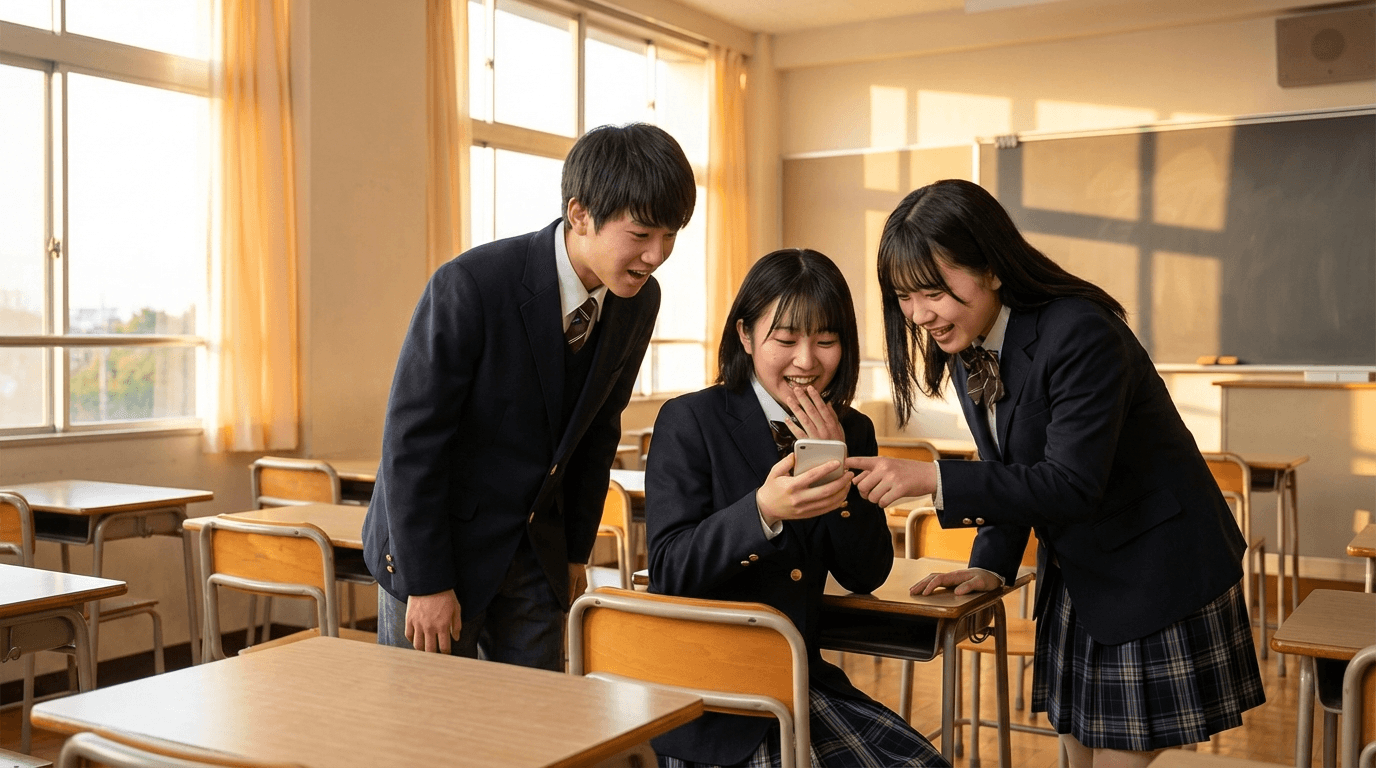 スマホで企業を発見して目を輝かせる高校生たち