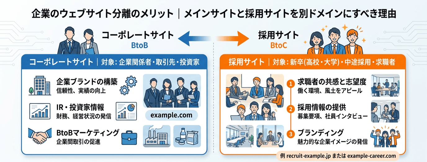コーポレートサイト（BtoB）と採用HP（BtoC）を別ドメインで分離運用するメリットを示すインフォグラフィック — ターゲット最適化・SEO効果・独立運用の利点