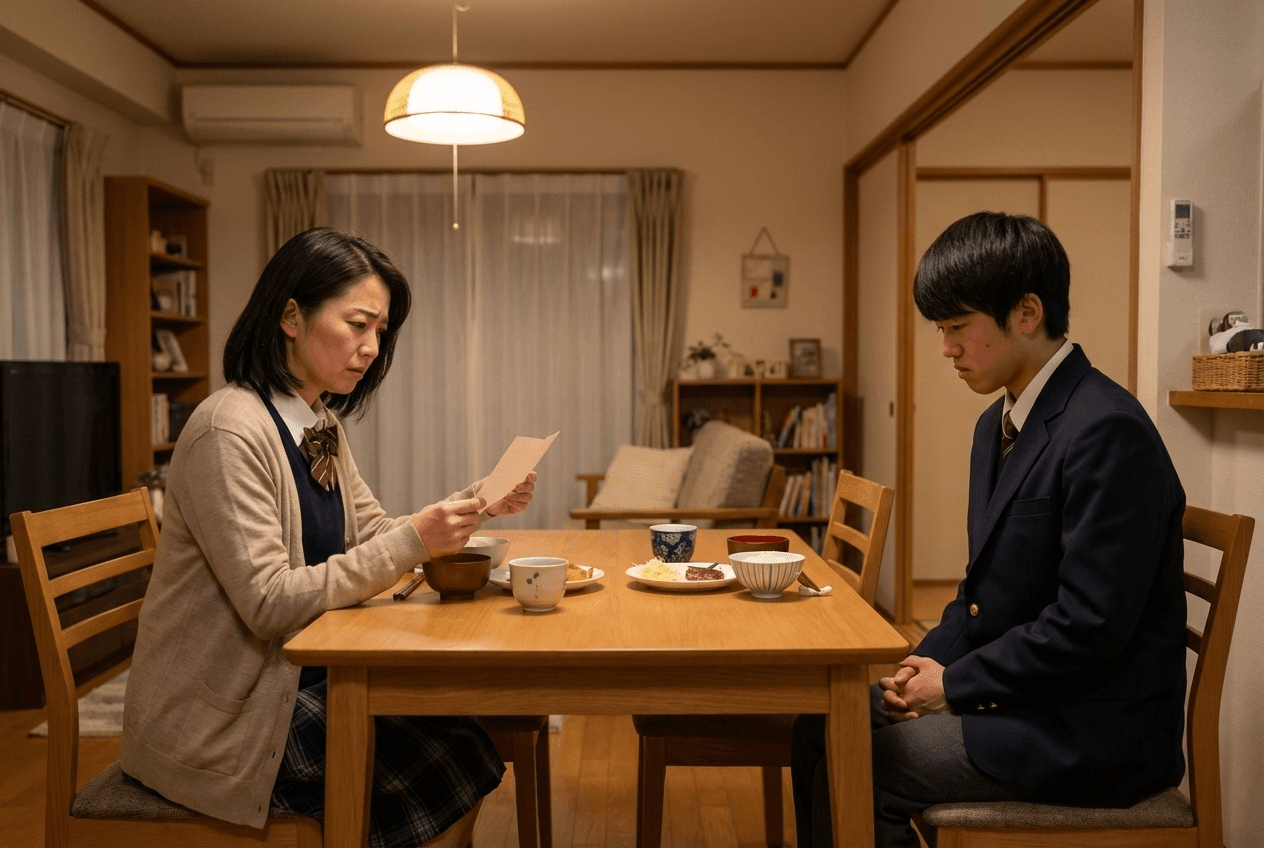 内定先の企業に不安を感じる保護者と高校生