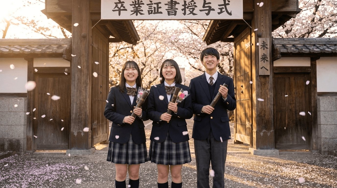 校門前で笑顔の高校生たち