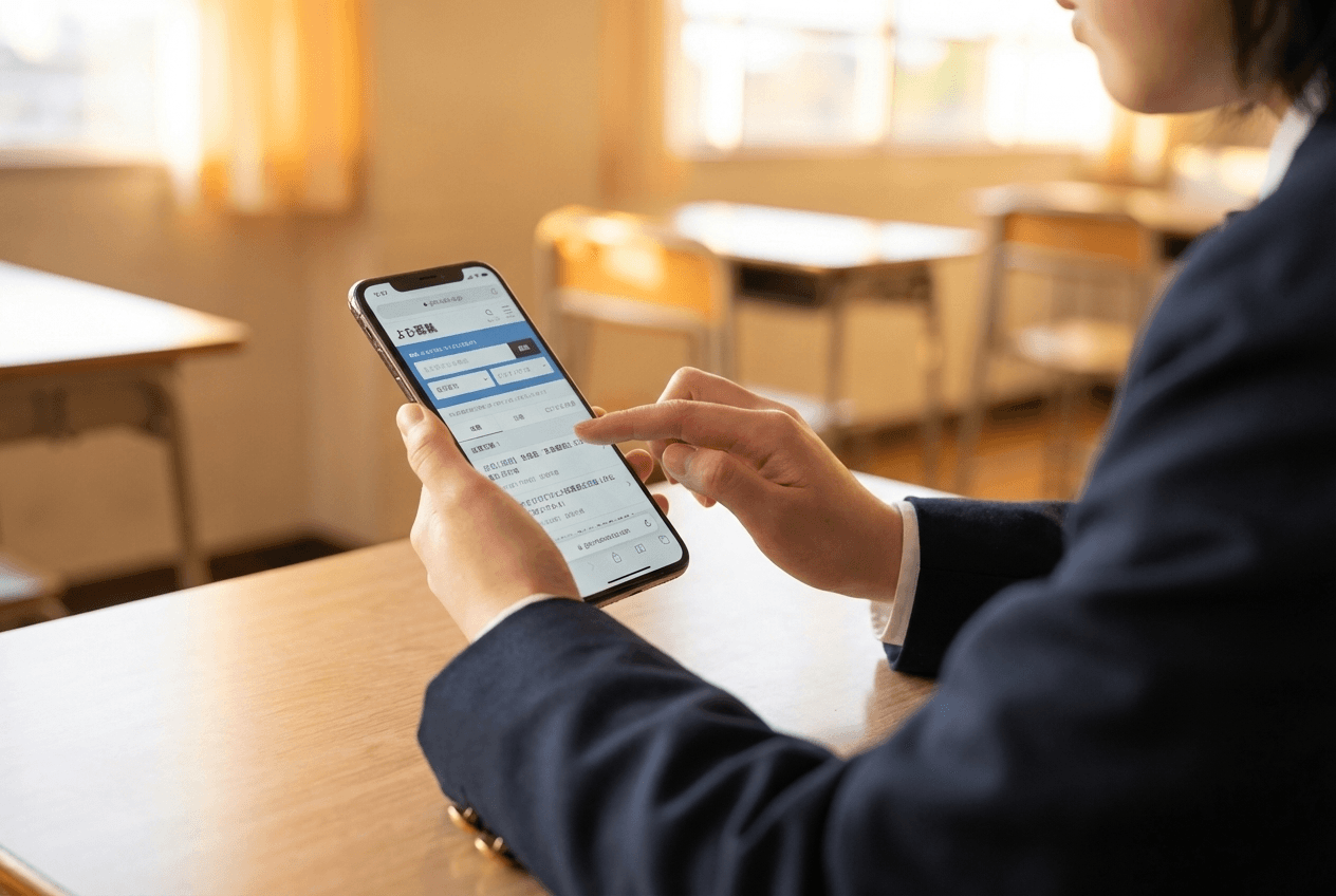 スマホで求人情報を検索する高校生の手元
