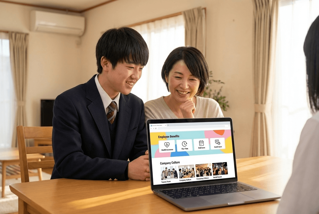 採用HPを見て安心する保護者と笑顔の高校生
