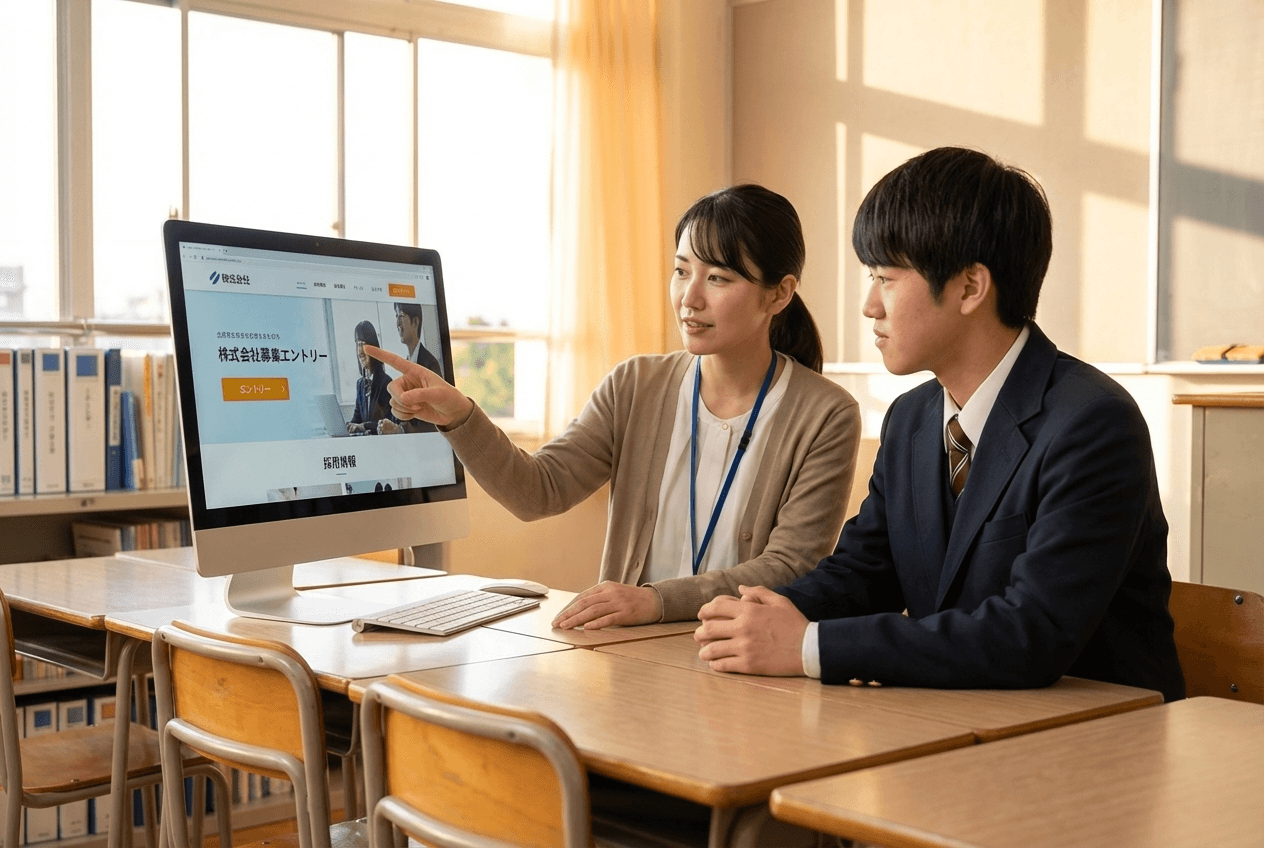 進路指導室で先生と一緒にPCで企業HPを確認する高校生