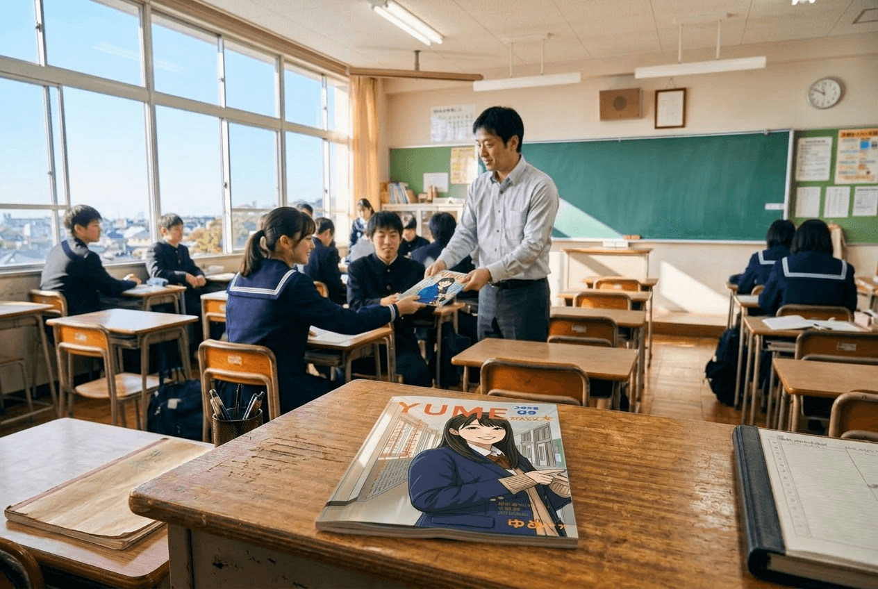 教室で先生が生徒にゆめマガを手渡す風景