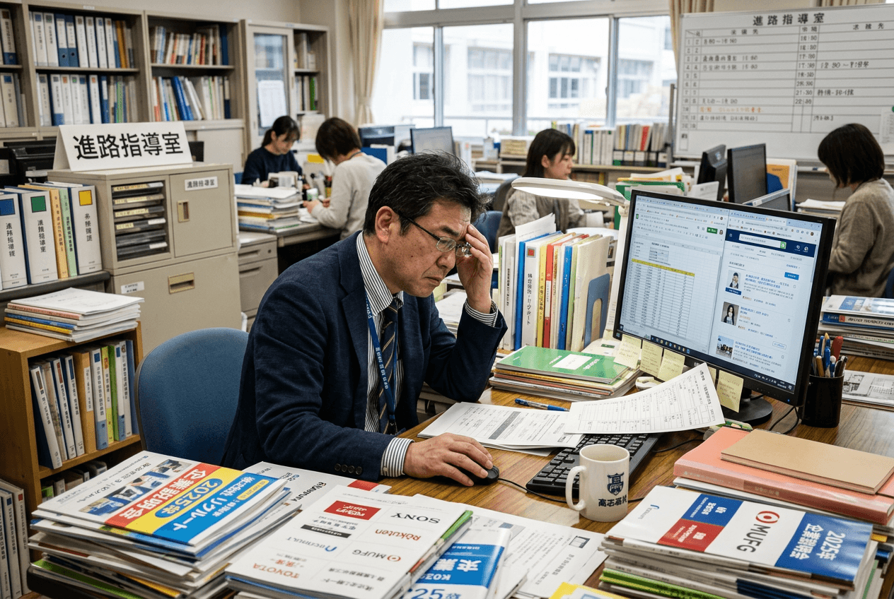 進路指導室で悩む先生