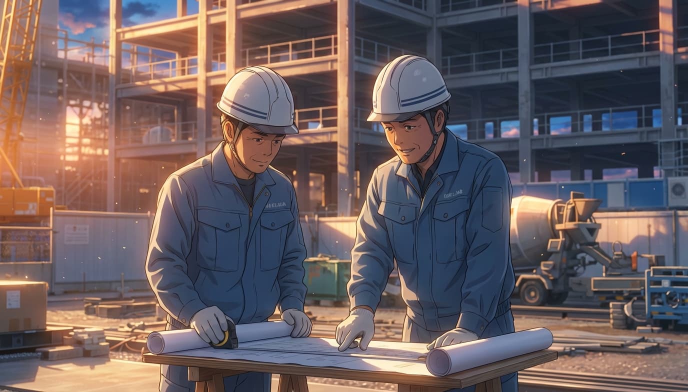 建設業 - 現場で図面を確認する作業員