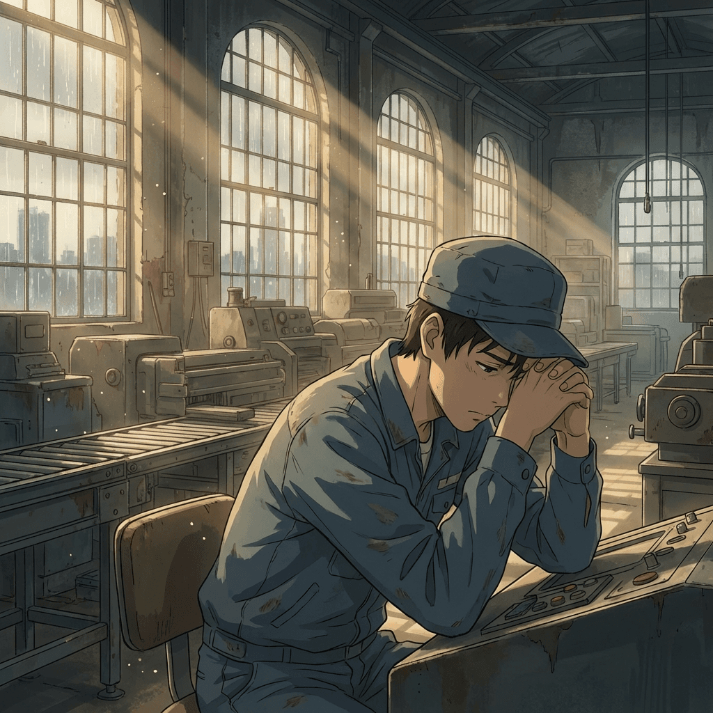 ミスマッチ・早期離職のイメージ - 工場で疲弊する若い社員