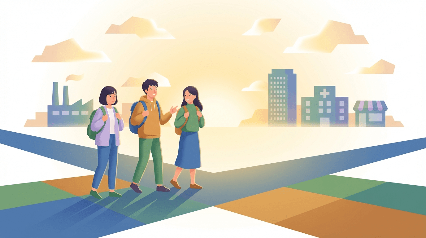 未来の進路を考える若者たちのイラスト