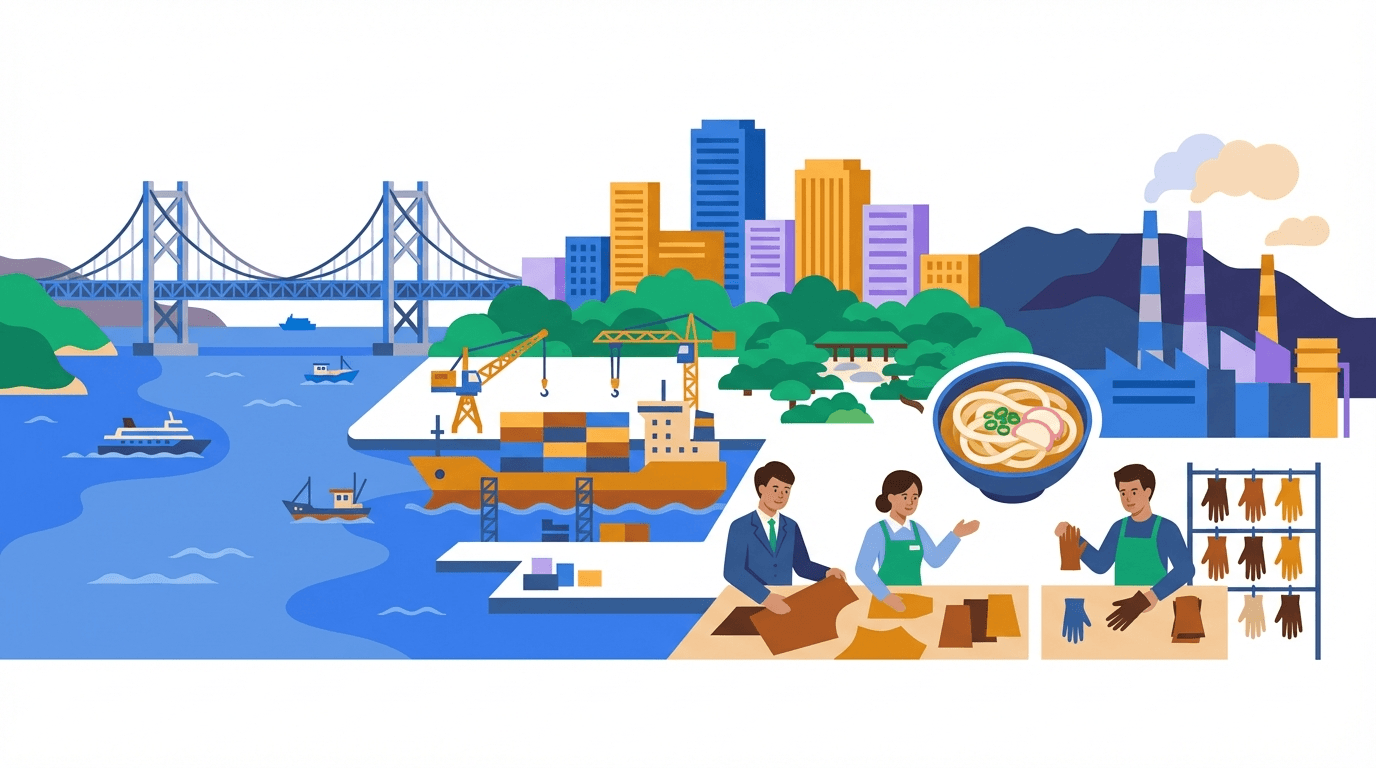 香川県の瀬戸内海と街並み