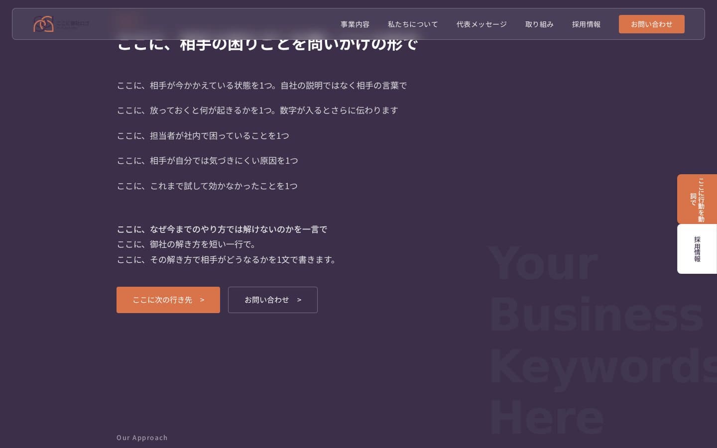 相手の困りごとを、問いかけの形で並べる節。何をどう書くかの説明がそのまま入っています